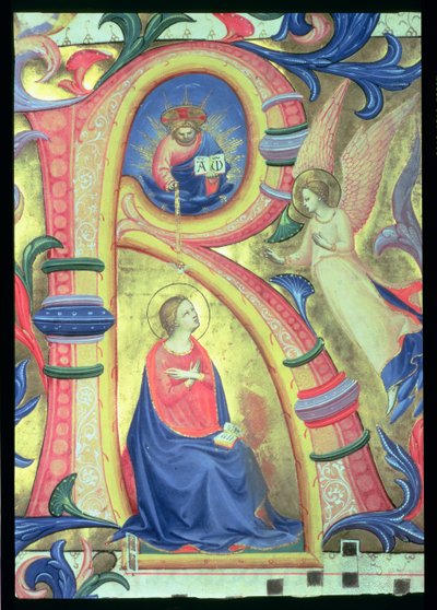 Ms 558 f.33v Az Angyali üdvözlet történeti R kezdőbetűvel ábrázolva, egy misekönyv részlete, az 1430-as évek elején készült, 88932-es vellum részlet alkotó: Fra Angelico