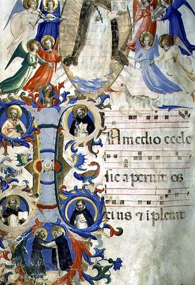 Ms 558 f.67v Szent Domonkos, zenész angyalokkal körülvéve, az SS-t (óramutató járásával megegyező irányban) ábrázoló történeti I iniciál felett. Ágoston, Ambrose, Péter mártír, Gergely és Jeromos, egy fokozatos, 1430-as évek elejéről (vellu alkotó: Fra Angelico