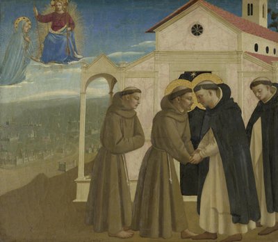 Egy predella részlete: Szent Domonkos és Szent Ferenc találkozása alkotó: Fra Angelico