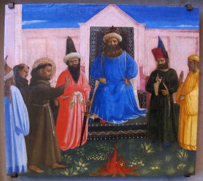 A tűzpróbán Szent Ferenc felajánlja, hogy tűzön keresztül megy, hogy megtérítse az egyiptomi szultánt (Legenda maior, IX, 8). alkotó: Fra Angelico