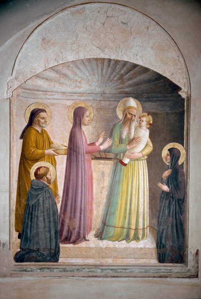 Krisztus bemutatása a templomban. Szent Péter vértanú és Villana domonkos apáca figyeli a bibliai jelenetet. Guido di Pietro freskója alkotó: Fra Angelico