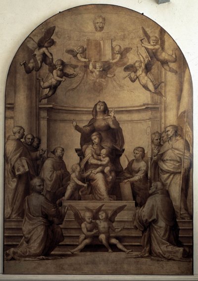 Pala del Gran Consiglio, amely a Szent Annát, a Szűzanyát és a gyermekek Jézust és Keresztelő Szent Jánost képviseli, szentekkel körülvéve. alkotó: Fra Bartolommeo