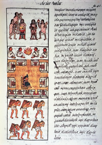 Azték társadalom, zenészek, király és kereskedők, nahuati nyelvű szöveg, Bernardino de Sahagun: Új-Spanyolország általános története, más néven Firenzei Kódex című kéziratának fakszimile alkotó: Fra Bernadino da Sahagun