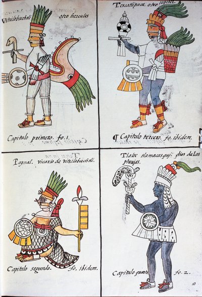 Az ókori mexikóiak istenei, Huitzilopochtli, Tezcatlipoca, Tlaloc és Paynal, spanyol nyelvű szöveg, Bernardino de Sahagun Új-Spanyolország dolgainak általános története, más néven firenzei kódex kéziratának fakszimiléjéből alkotó: Fra Bernadino da Sahagun