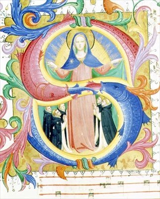 558. misekönyv f.156v Történeti „S” kezdőbetű, amely a Szűzet ábrázolja, amint menedéket nyújt a kérőknek a köpenye alatt, 1429-30 körül (vellum) alkotó: Fra and Strozzi Zanobi di Benedetto Angelico