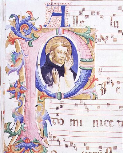 Mise 558 f.24v Történeti kezdetű „P”, amely egy férfiszentet ábrázol alkotó: Fra and Strozzi Zanobi di Benedetto Angelico