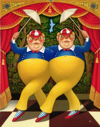 Tweedledum és Tweedledee, 1998 (olaj és tempera a panelen) alkotó: Frances Broomfield