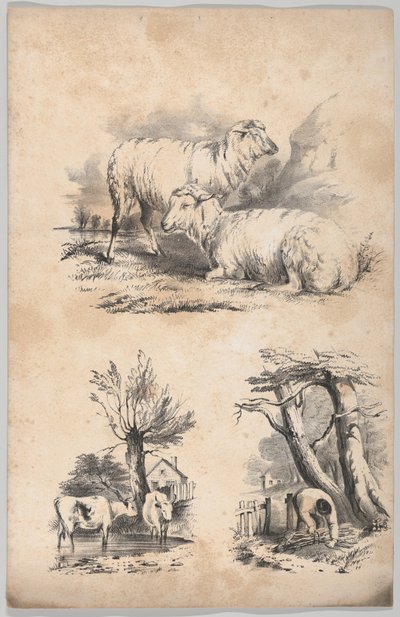 Matrica két birkával, matrica két tehénnel a medencében és egy fagyűjtő matrica..., 1847. alkotó: Frances Flora Bond Palmer