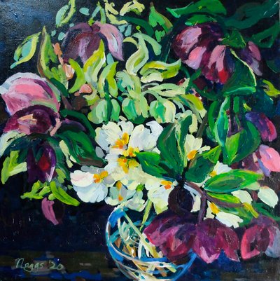 Helibore and Primroses on a Dark Ground, 2020 (akril, vászon) alkotó: Frances Naggs