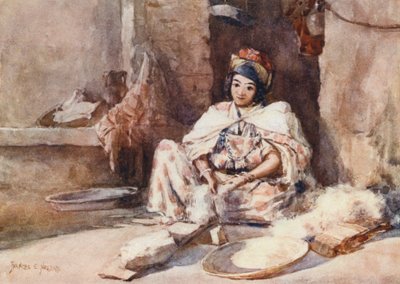 Gyapjú kártolása (színes litográfia) alkotó: Frances Nesbitt