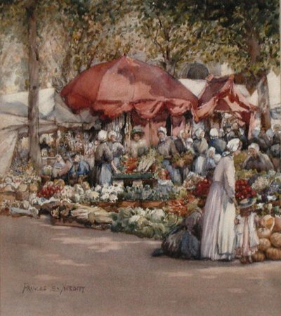 Piac napja, Észak-Franciaország 1910 körül (akvarell papíron) alkotó: Frances Nesbitt