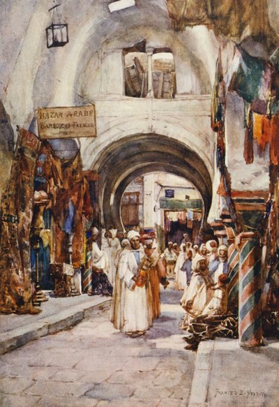 Souk des Etoffes, Tunisz (színes litográfia) alkotó: Frances Nesbitt