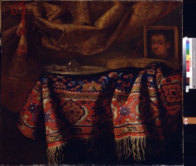 Csendélet önarcképpel. (Csendélet önarcképpel). Francesco Fieravino festménye (1610 és 1660 között). Olasz művészet, barokk stílus. Regionális A. Deineka Művészeti Galéria, Kurszk, Oroszország alkotó: Francesco (b.1640) Fieravino