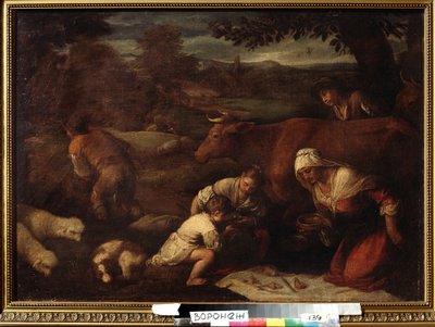 ""Le soir"" (Este) Pásztorokból, nőkből és gyerekekből álló család a füvön ebédel. Jacopo Bassano (da Ponte) (1510-1592) kíséretének festménye 16. századi Ivan Kramskoy (vagy Kramskoi) Szépművészeti Múzeum Voronyezsben (Voronyezs), Oroszország. alkotó: Francesco (circle of) Bassano