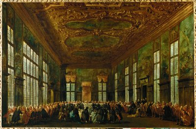 Szertartásos étkezés a Dózse-palotában a Nagytanácsteremben, középen-háttérben a dózse ül ... alkotó: Francesco (circle of) Guardi