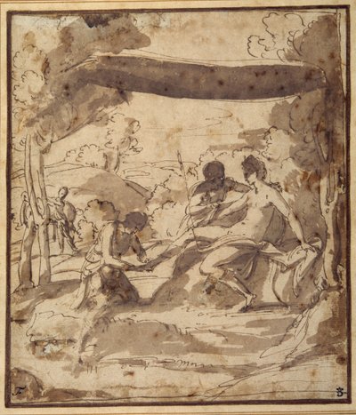 Vénusz egy rusztikus lombkorona alatt fekve, Adonisszal a szandálját rögzítve (papíron mosható toll és tinta) alkotó: Francesco Albani