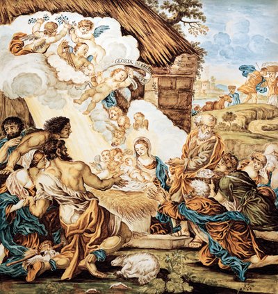 Kiságy, festett majolika tányér, Francesco Antonio Xaverio Grue (1686-1746), Abruzzo Castelli gyártó, Olaszország alkotó: Francesco Antonio Xaverio Grue