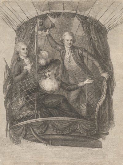 Madame Sage, Chevalier Biggin és Vincent Lunardi kapitány mennybemenetele léggömbben, 1785. június 20. alkotó: Francesco Bartolozzi