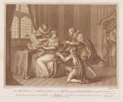 Northumberland és Suffolk hercegei felkérik Lady Jane Grayt, hogy fogadja el a koronát Northumberland és Suffolk hercegei imádkoznak Lady Jane Gray-hez, hogy fogadja el a koronát (cím a tárgyon) alkotó: Francesco Bartolozzi