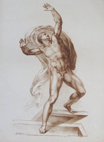 Férfialak Michelangelo „Az utolsó ítélet” című művéből másolva (metszet) alkotó: Francesco Bartolozzi