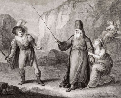 Prospero lefegyverzi Ferdinándot. Shakespeare. A vihar (metszet) alkotó: Francesco Bartolozzi