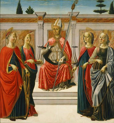 Szent Miklós és Szent Katalin, Szent Lucia, Szent Margit és Szent Apollónia. alkotó: Francesco Botticini