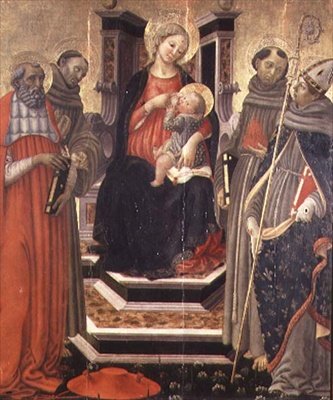 Madonna és gyermeke SS-sel. Jeromos, Assisi Ferenc, Páduai Antal és Toulouse-i Lajos (tempera a panelen) alkotó: Francesco Botticini