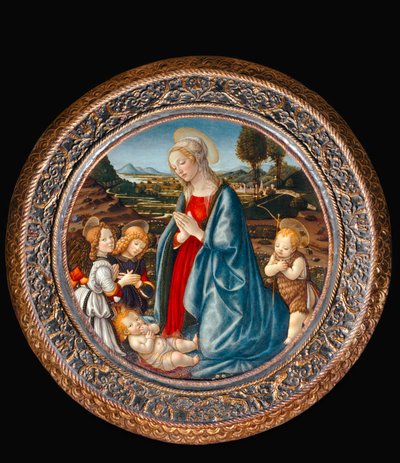 Madonna a gyermekkel, Keresztelő Szent János és két angyal körülötte ... alkotó: Francesco Botticini