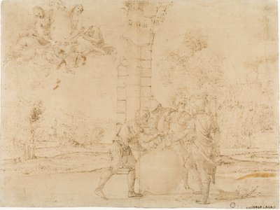 Octavianus, Mark Antonius és Lepidus kettéosztják a Római Birodalmat, Bolognával a háttérben alkotó: Francesco Brizio