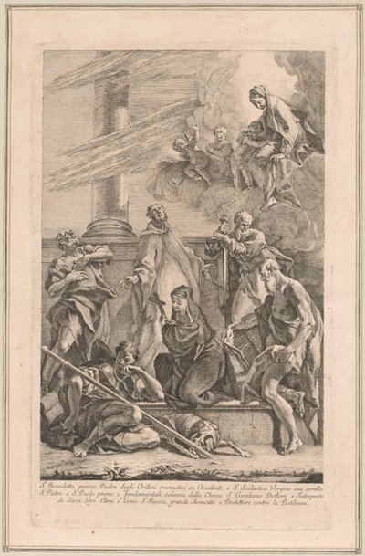 Madonna és gyermek két angyallal és szentekkel Scholastica, Benedek, Roch, Péter, Pál és Jeromos alkotó: Francesco Fontebasso after Sebastiano Ricci