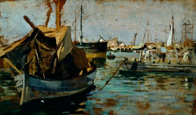 Francesco Gioli (1846-1922) munkája Livorno kikötőjében (Leghorn), olaj, panel, 22x38 cm alkotó: Francesco Gioli