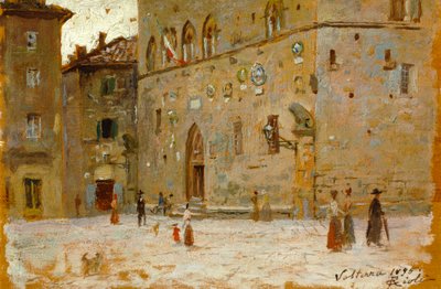 Francesco Gioli (1846-1922) Volterra négyzetében, olajtábla alkotó: Francesco Gioli