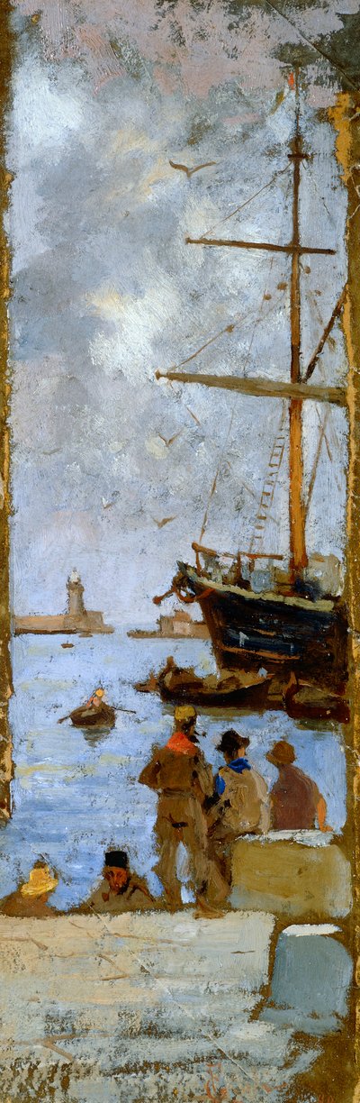 Francesco Gioli (1846-1922) Livorno kikötőjének képe, olaj, vászon, kartonra áthelyezve, 38x12 cm alkotó: Francesco Gioli