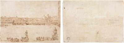 Diadalmas autók menete a velencei Piazza San Marco-n, a Conti del Nord látogatásának ünneplése (recto) Három boltíves vázlat (verso) alkotó: Francesco Guardi