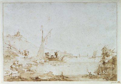 Tengerparti jelenet, 1770-80 körül (toll és barna mosás fekete krétával a papíron) alkotó: Francesco Guardi