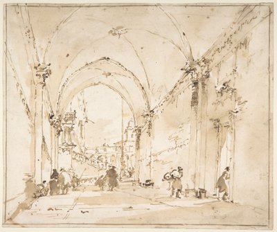 Építészeti capriccio: boltozatos átjáró egy térre alkotó: Francesco Guardi