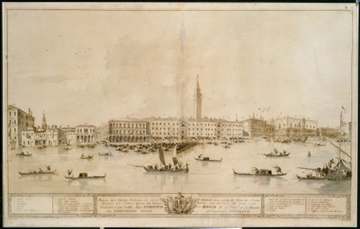 Velence panorámája a Bacino di San Marco felől, a tervezett Teatro Manin tervével együtt alkotó: Francesco Guardi