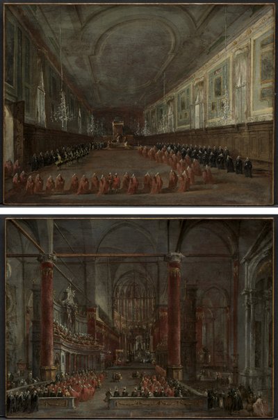 VI. Pius pápa leszáll a trónra, hogy búcsút vegyen a dózsától az SS termében. Giovanni e Paolo, 1782 és a pápai szertartás az SS-ben. Giovanni e Paolo, Velence, 1782 (pár) alkotó: Francesco Guardi