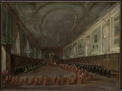 VI. Pius pápa leszáll a trónra, hogy búcsút vegyen a dózsától az SS termében. Giovanni és Paolo, 1782 alkotó: Francesco Guardi