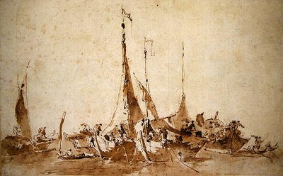 Halászhajók tanulmányozása (toll és tinta, mosás papíron) alkotó: Francesco Guardi