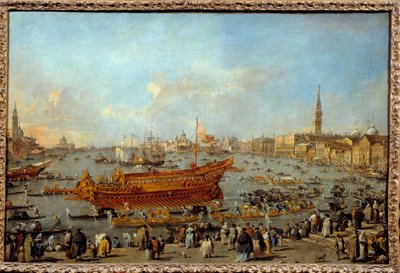 A Bucentaur (Bucentoro) indulása a velencei Lido felé mennybemenetel napján Francesco Guardi (1712-1793) festménye 1766-1770 V. 0,66x1,01 m - A Bucentaur (Bucentoro) indulása a velencei Lidoba a mennybemenetel ünnepére. Pai alkotó: Francesco Guardi