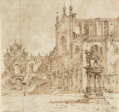 A Campo San Zanipolo látképe a VI. Pius pápa látogatására emelt ideiglenes emelvénnyel alkotó: Francesco Guardi