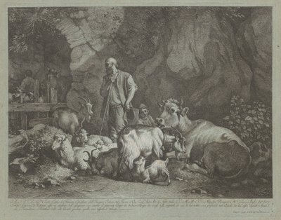 Öreg, kopasz fejű juhász, ülő pásztorfiú és nyáj, 1766 után. alkotó: Francesco Londonio