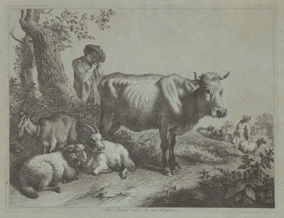 Álló tehén és egy pásztorfiú nyájjal, 1760-as évek. alkotó: Francesco Londonio