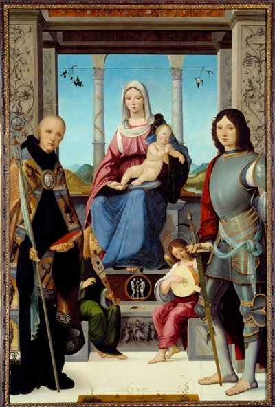 A Szűz és a gyermek Nursie-i Szent Benedek és Saint Quentin körül Francesco Marmitta két angyal festményével (1496 és 1504 között ismert) 15. század V. 2,2x1,38 m alkotó: Francesco Marmitta