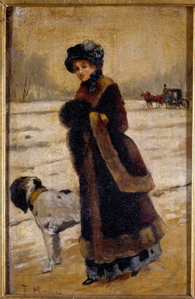Fiatal nő kutyával Fiatal burzsoá prémet és ujjat visel. Francisco Miralles Galup festménye (1848-1901) 19. századi magángyűjtemény alkotó: Francesco Miralles Galaup