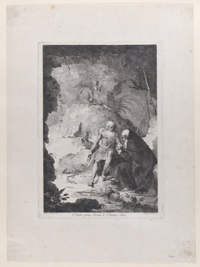 Remete Szent Pál és Szent Antal apát beszélget egy tájban, Pi... után, kb. 1784-1836. alkotó: Francesco Novelli