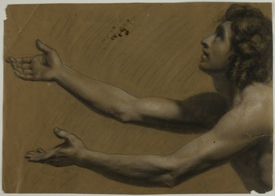 Fiatal férfi kinyújtott karral felfelé tekint (recto); tükröt tartó nő (verso) alkotó: Francesco Podesti