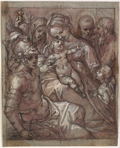 Szűz Mária és a kis Jézus Keresztelő Jánossal kisfiúként, Sienai Bernardino (?), Sienai Katalin, Mihály arkangyal és szakállas szent alkotó: Francesco Rustici