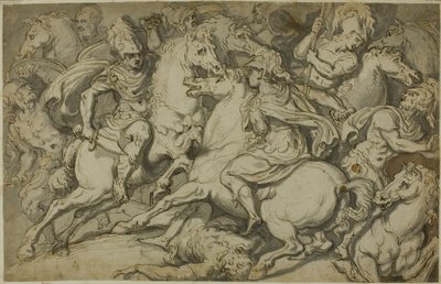 Lovassági csetepaté (recto); térdelő ökörkép (verso) alkotó: Francesco Salviati